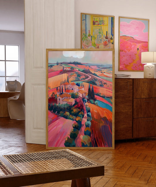 Colorful Tuscan Landscape Art Print: Eclectic Mountain Home Decor