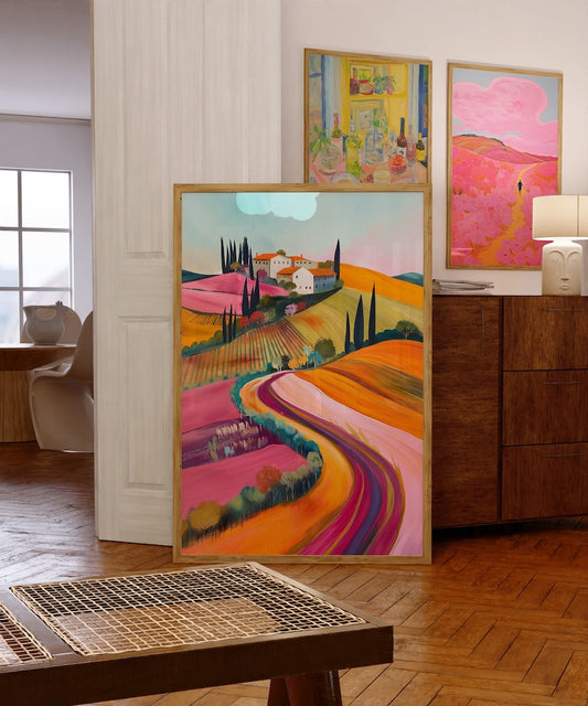Colorful Tuscany Landscape Art Print: Eclectic Mountain View