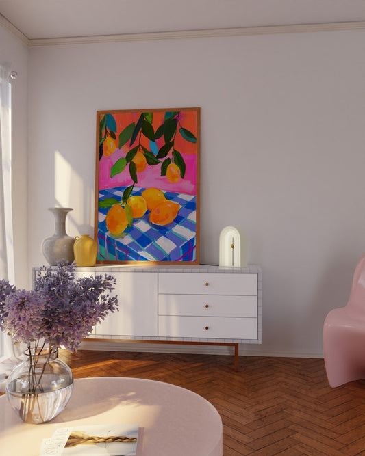Colorful Lemons Still Life Art Print: Danish Pastel Kitchen Decor