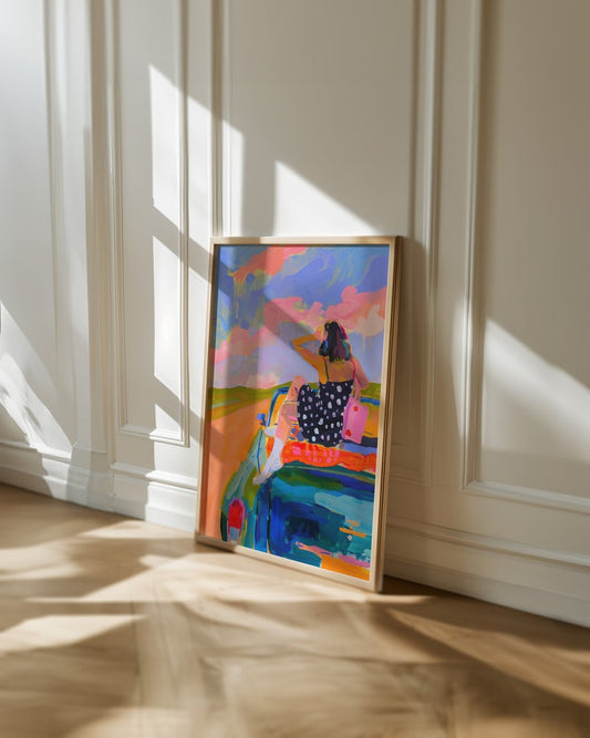 Colorful Car Trip Wall Art Print: Girly Coastal Home Decor